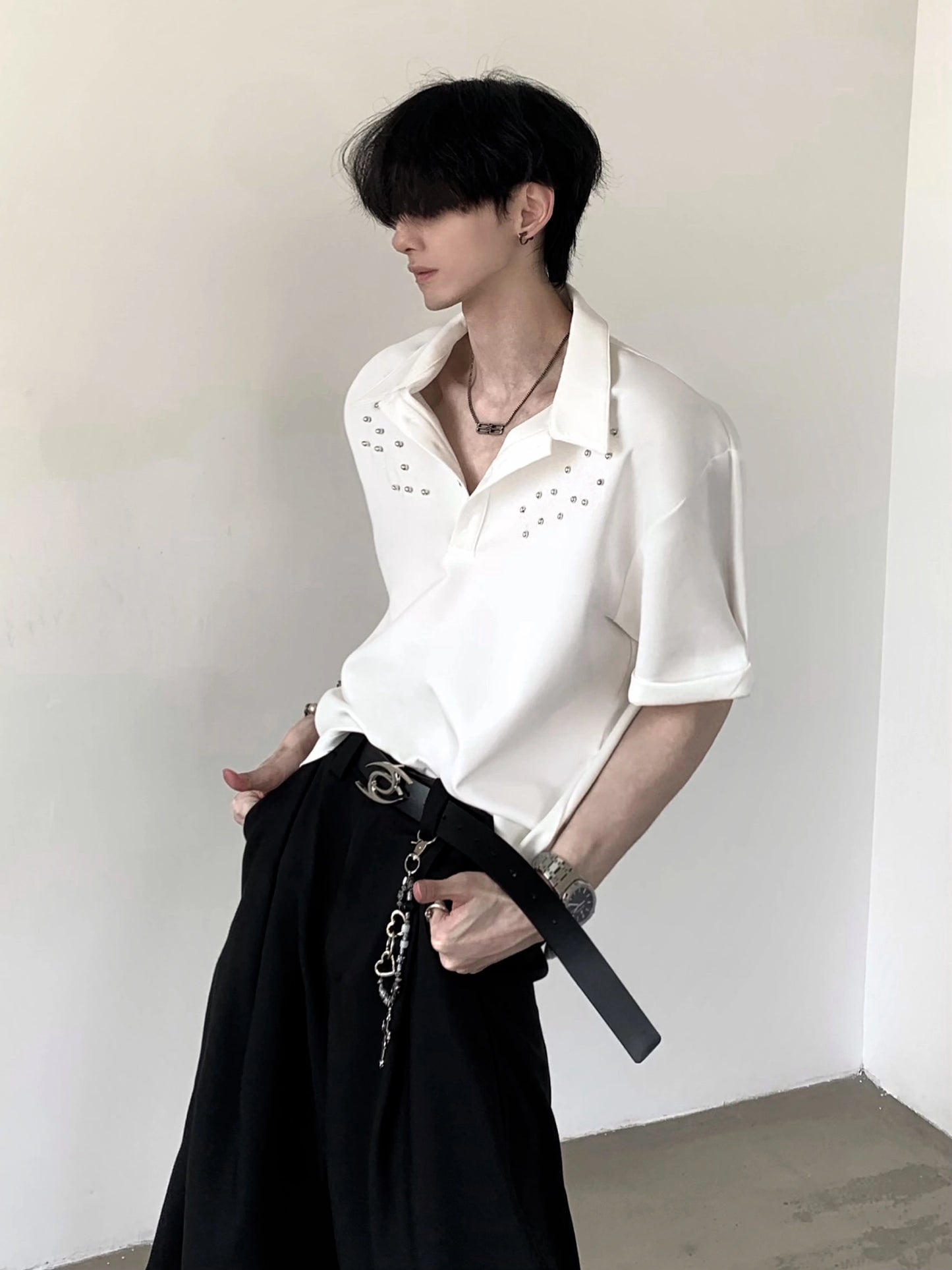 Studs Design Plain Collar Oversize Short Sleeve Polo Shirt WN20358