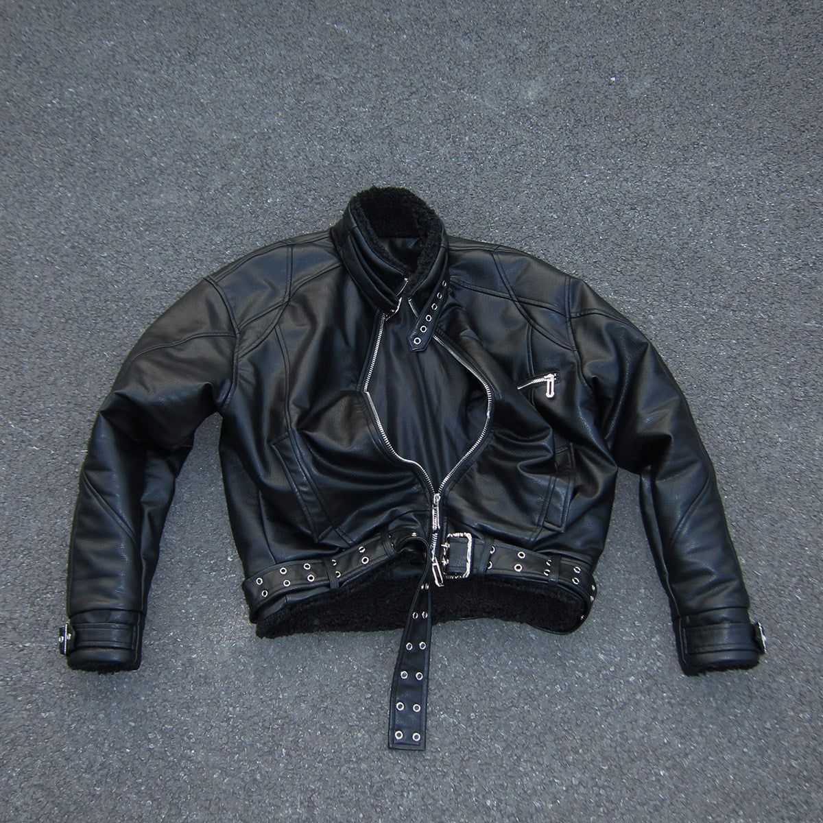 Stand Neck Zipper Panel PU Leather Jacket WN27450