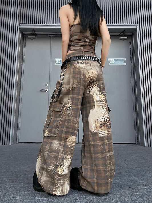 Leopard Plaid Print Curved Cargo Pants WN24198