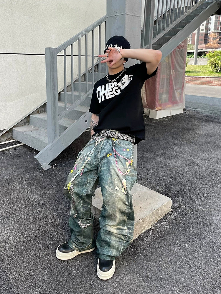 Candy Chain 3D Print Wide Leg Denim Jeans WN16292