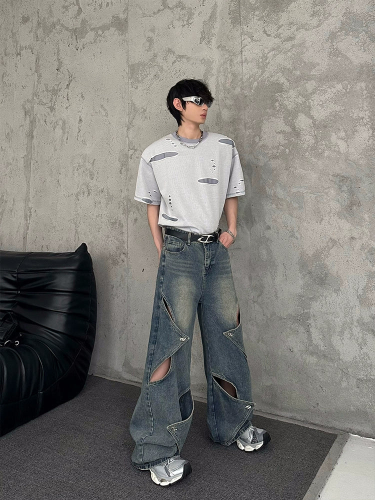Hollow Wide-Leg Straight Denim Jeans WN16794
