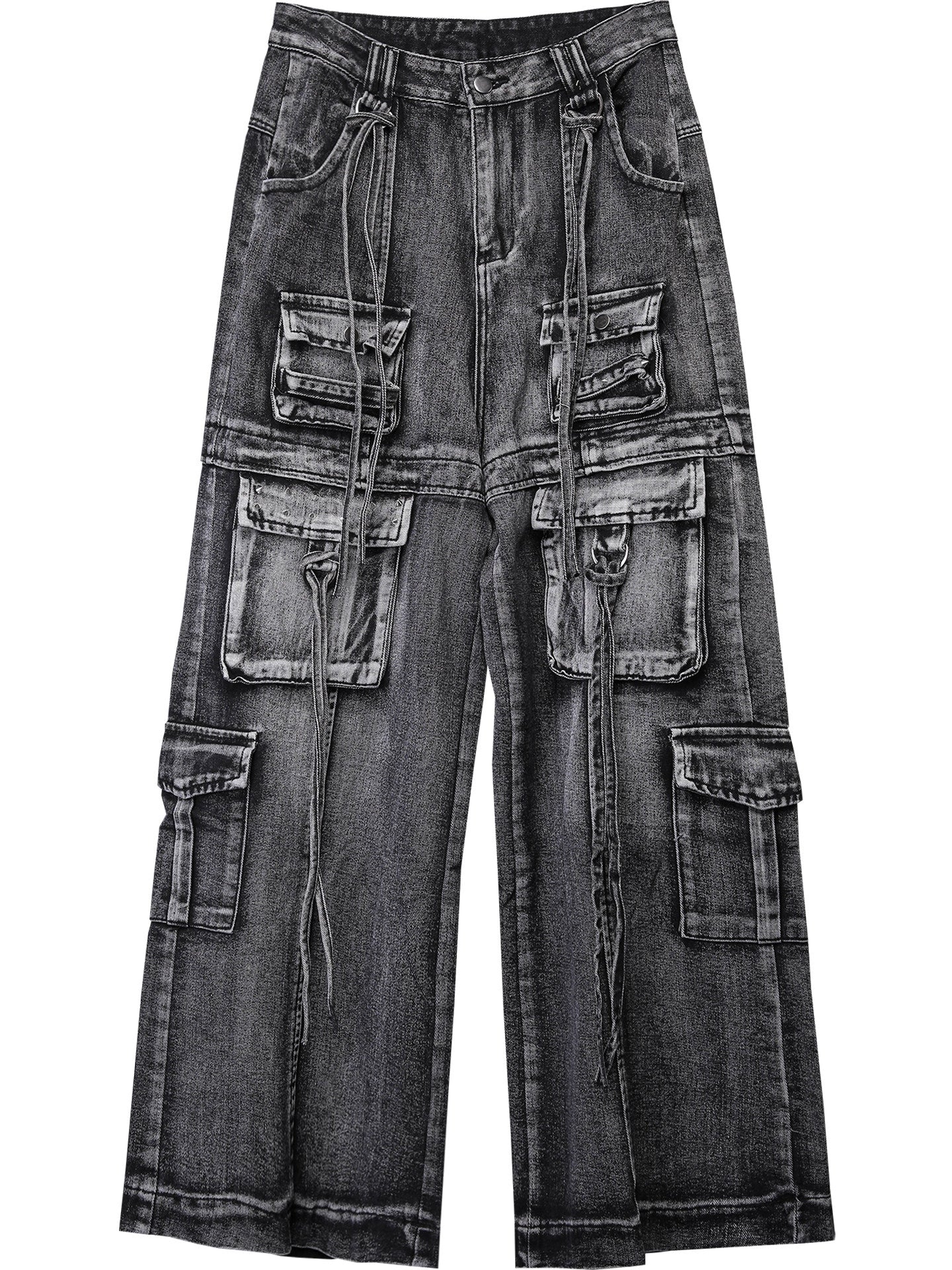 Damage Wash Studs Multi-Pocket Wide Leg Denim Jeans WN22540