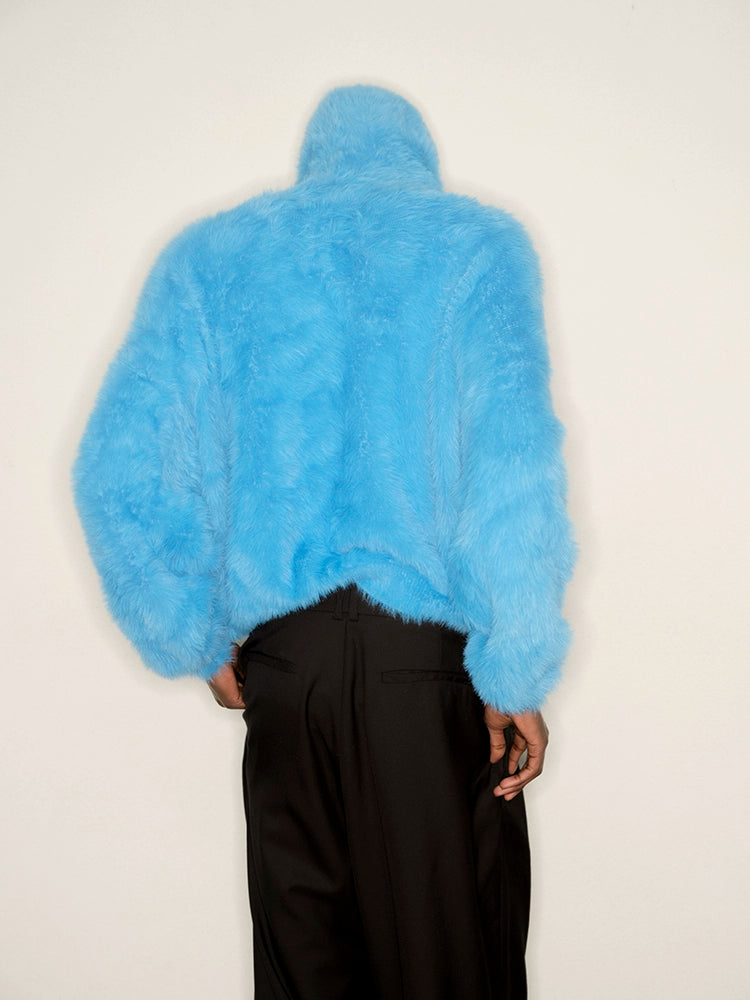 Oversize Zipper Fake Fur Short Knit Hoodie WN21319