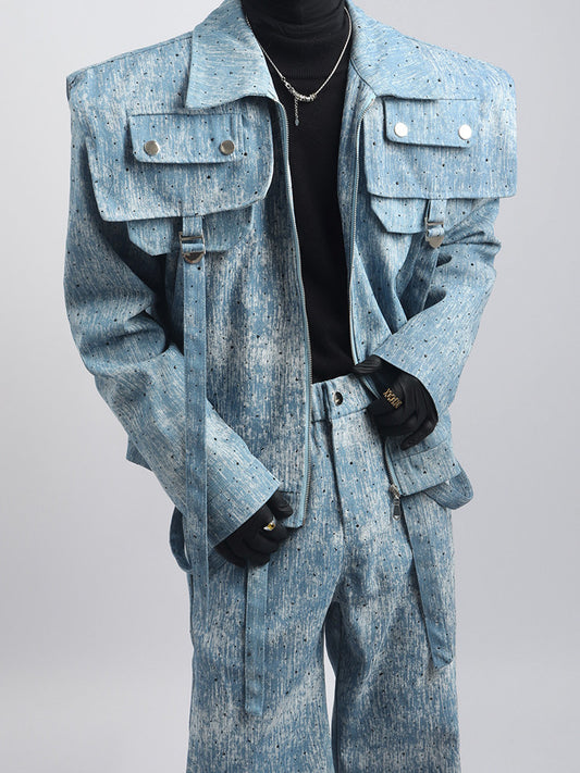 Washed Texture Short Jacket & Washed Texture Wide Leg Pants Setup WN23718