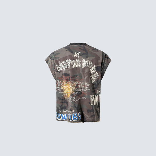 Camo Typography Graphic Sleeveless T-Shirt WN27985