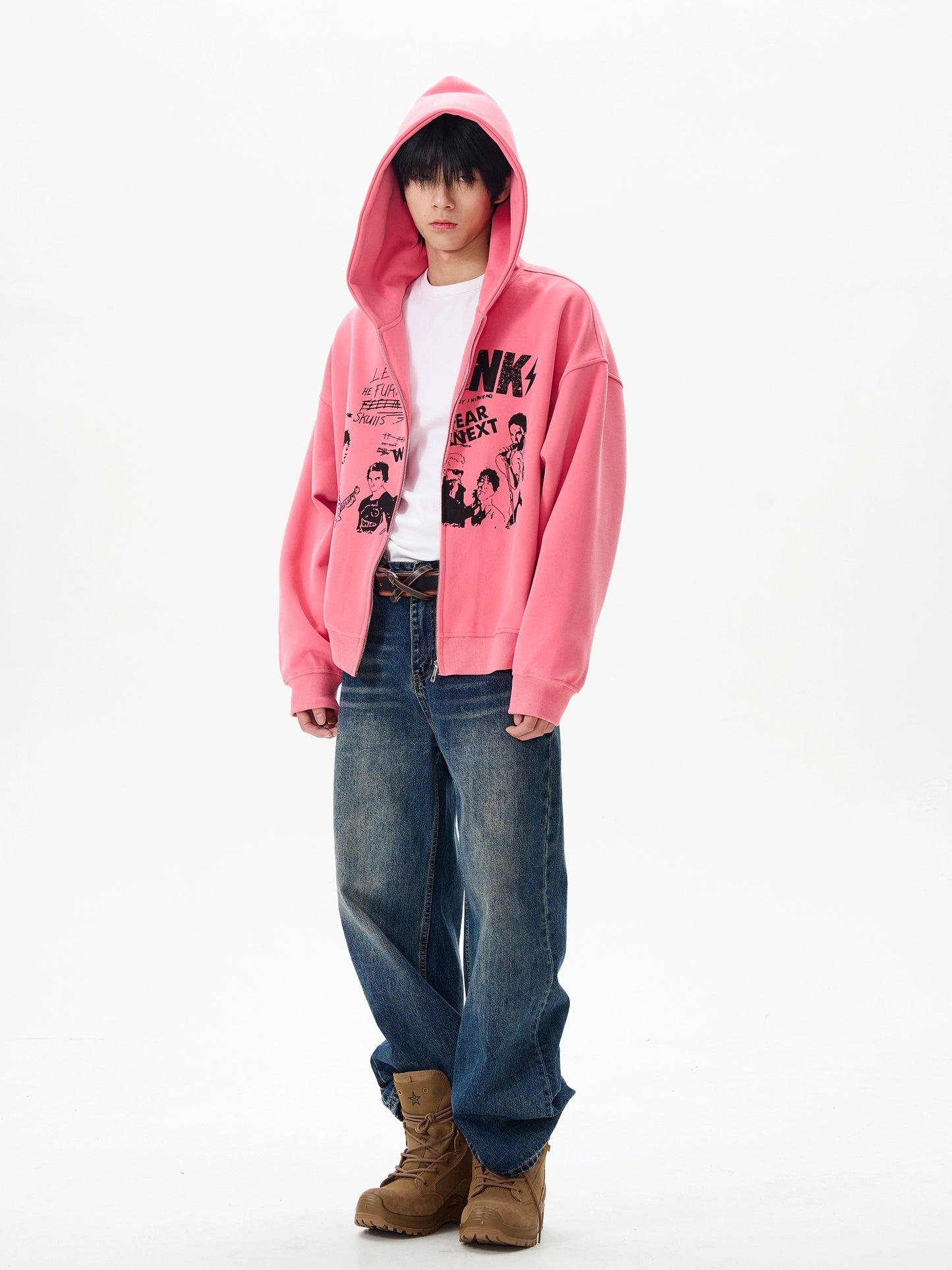 Graphic Print Oversize Zipper Hoodie WN16358