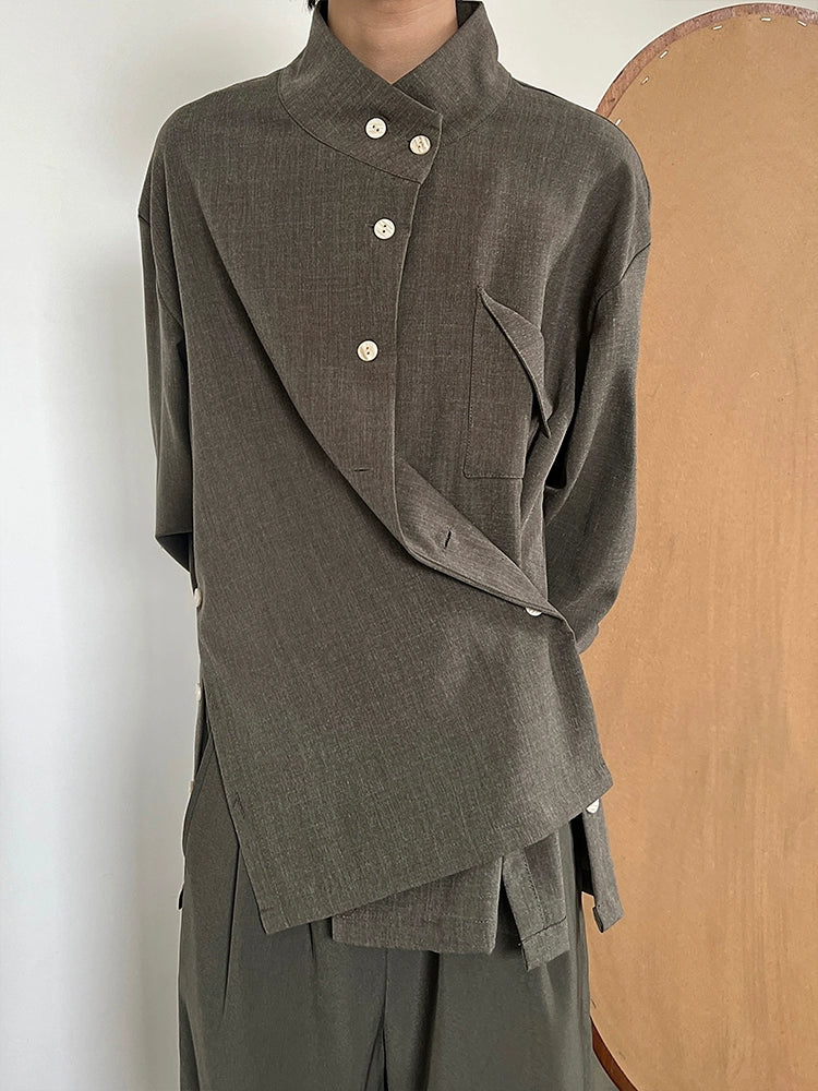 Standing-Collar Side Button Long Sleeve Shirt WN19953