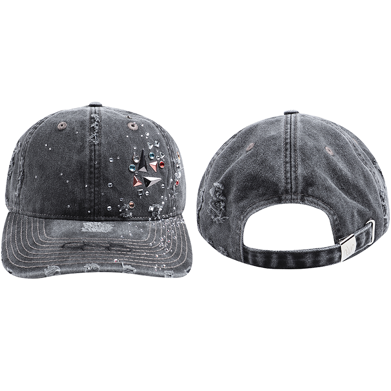 Washed Denim Damage Rhinestone Baseball Cap WN17064