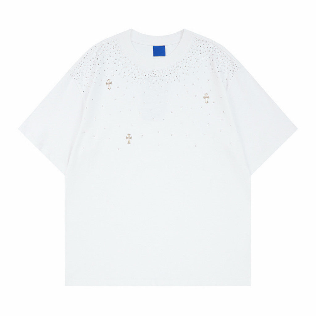 Oversize Rhinestone Cross Print Short Sleeve T-Shirt WN24445