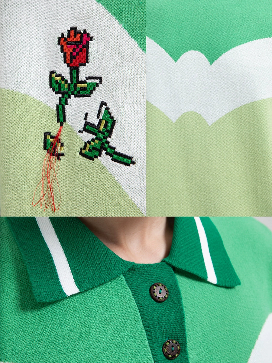 Floral Embroidery Patchwork Oversize Knit Polo Shirt WN17063
