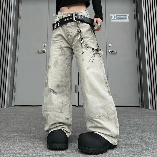 Damage Wash Pocket Wide Leg Cargo Denim Jeans WN24181