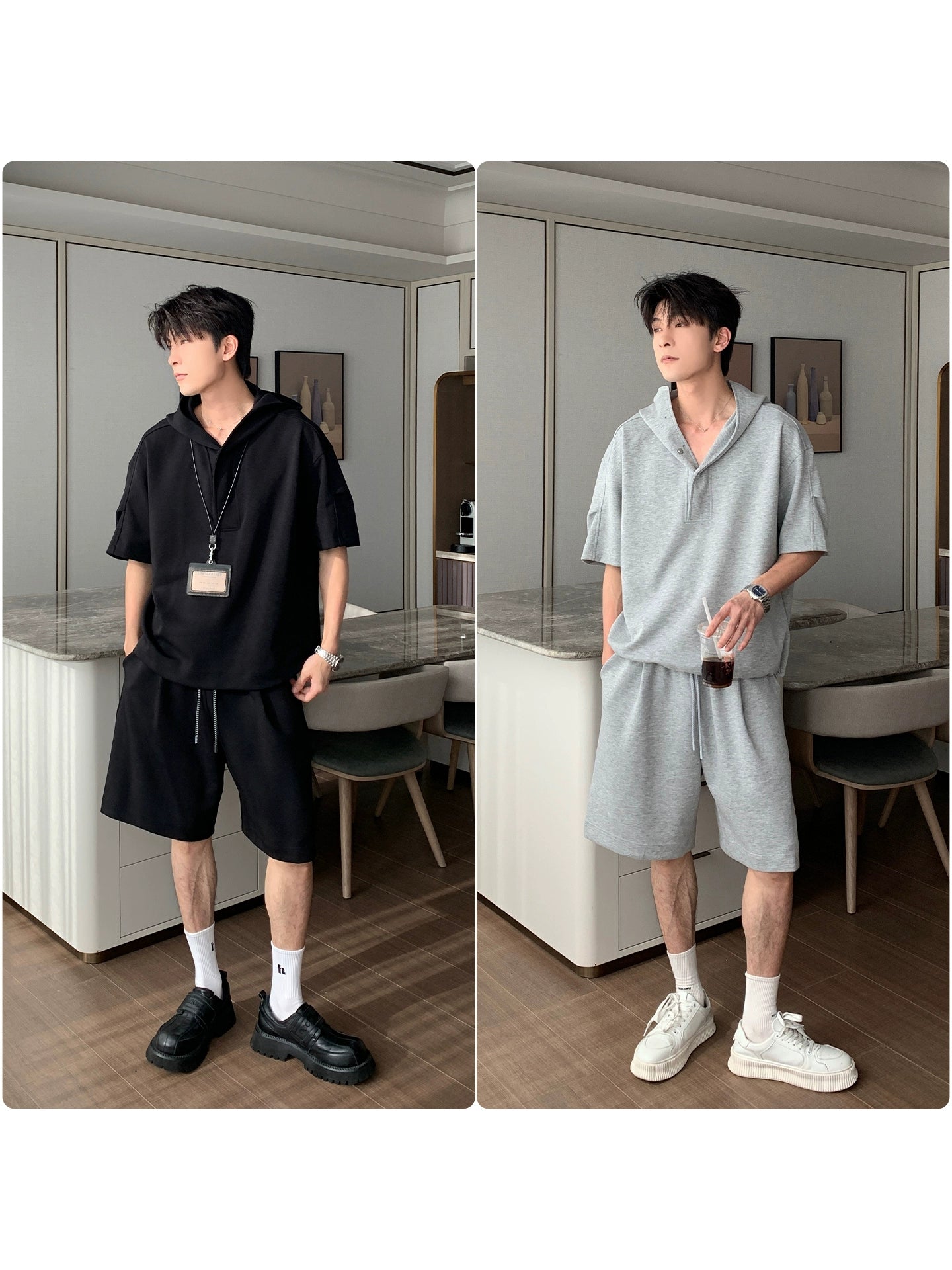 Sporty Short Sleeve Hooded T-Shirt & Short Pants Setup WN20449