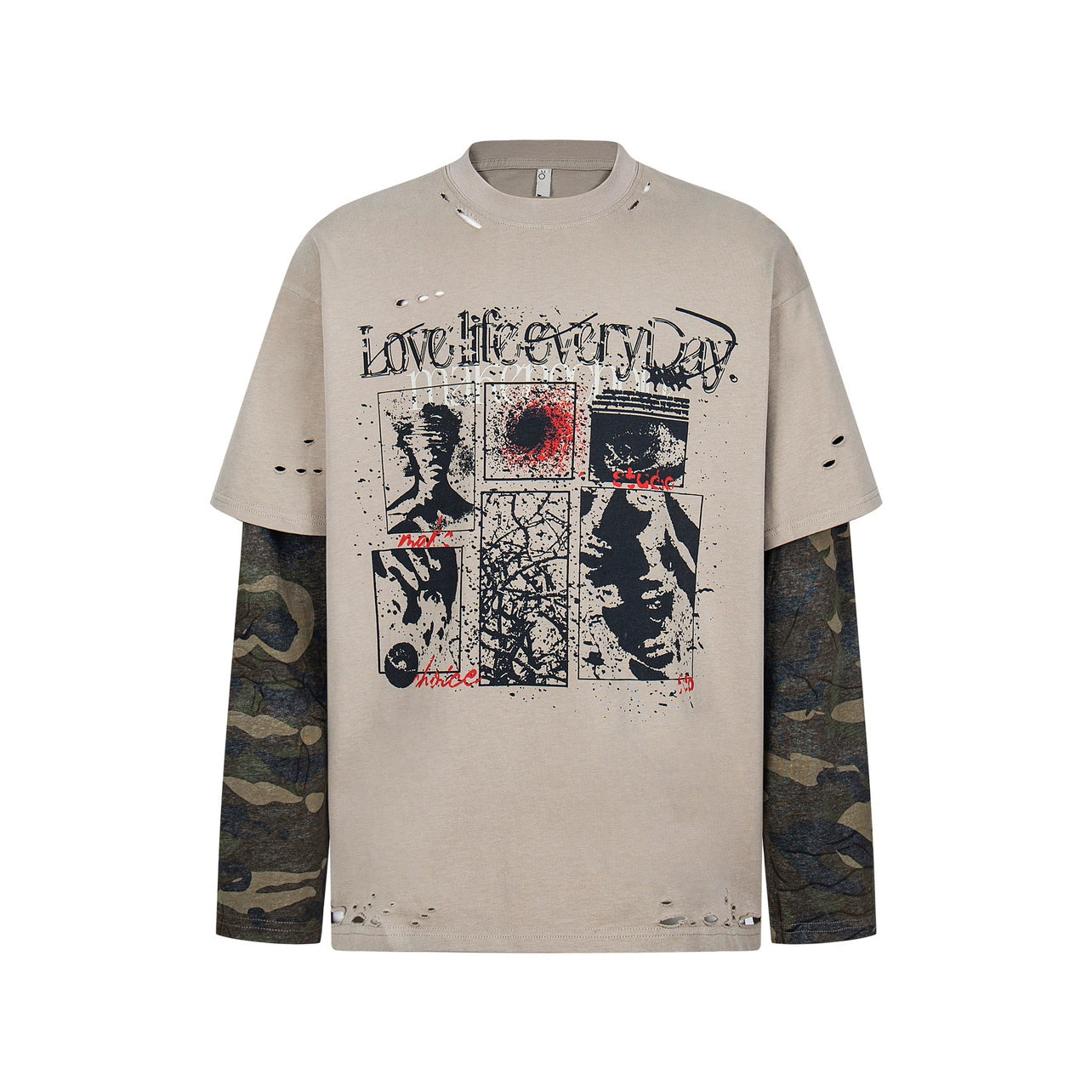 Camouflage Fake Layered Damage Hole Long Sleeve T-Shirt WN21037