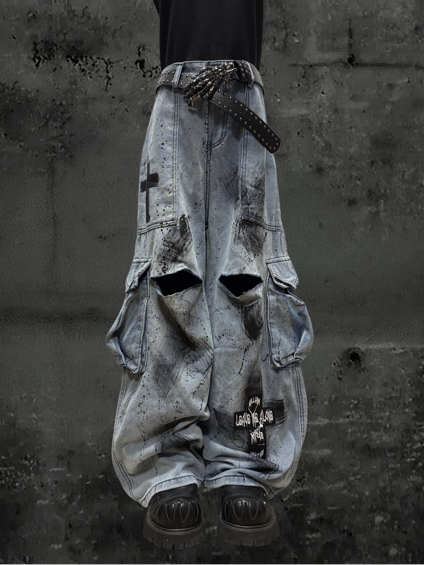 Damage Paint Cargo Wide Leg Denim Jeans & Skull Belt & Belt Chain WN23788