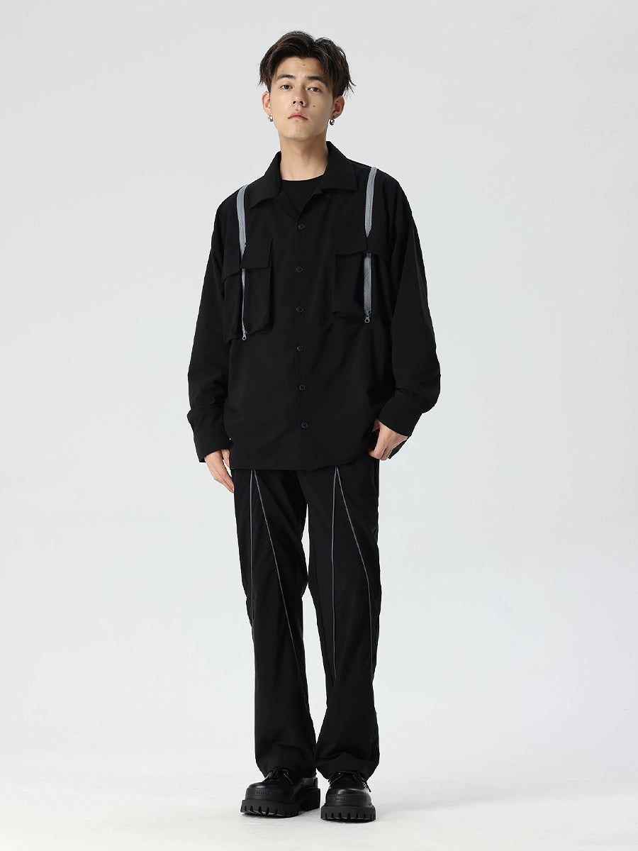 Suspender Zipper Design Long Sleeve Shirt WN17468