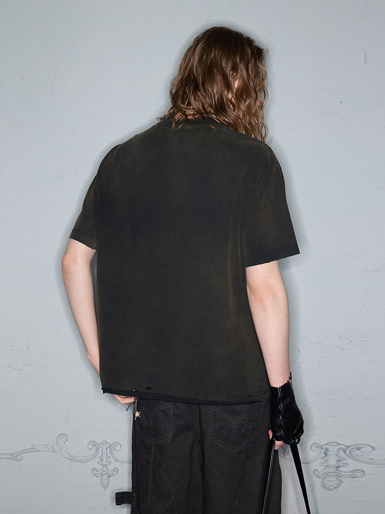 Dirty Wash Hole Patch Embroidery Oversize Short Sleeve T-Shirt WN17964