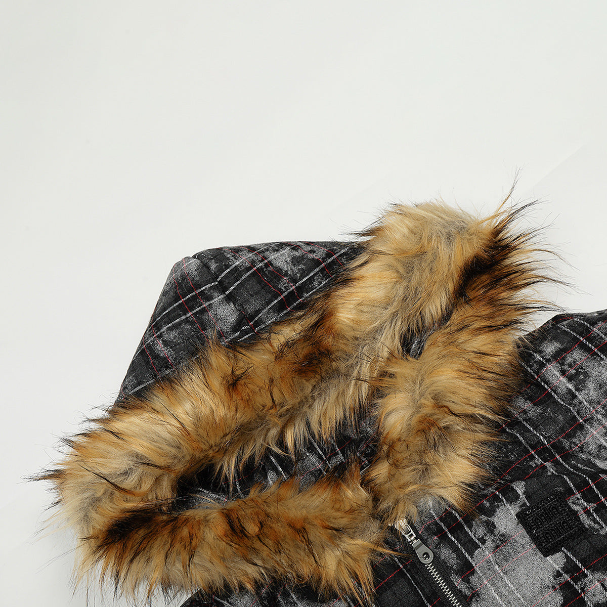 Fake Fur Collar Lamb Fleece Plaid Puffer Jacket WN21884