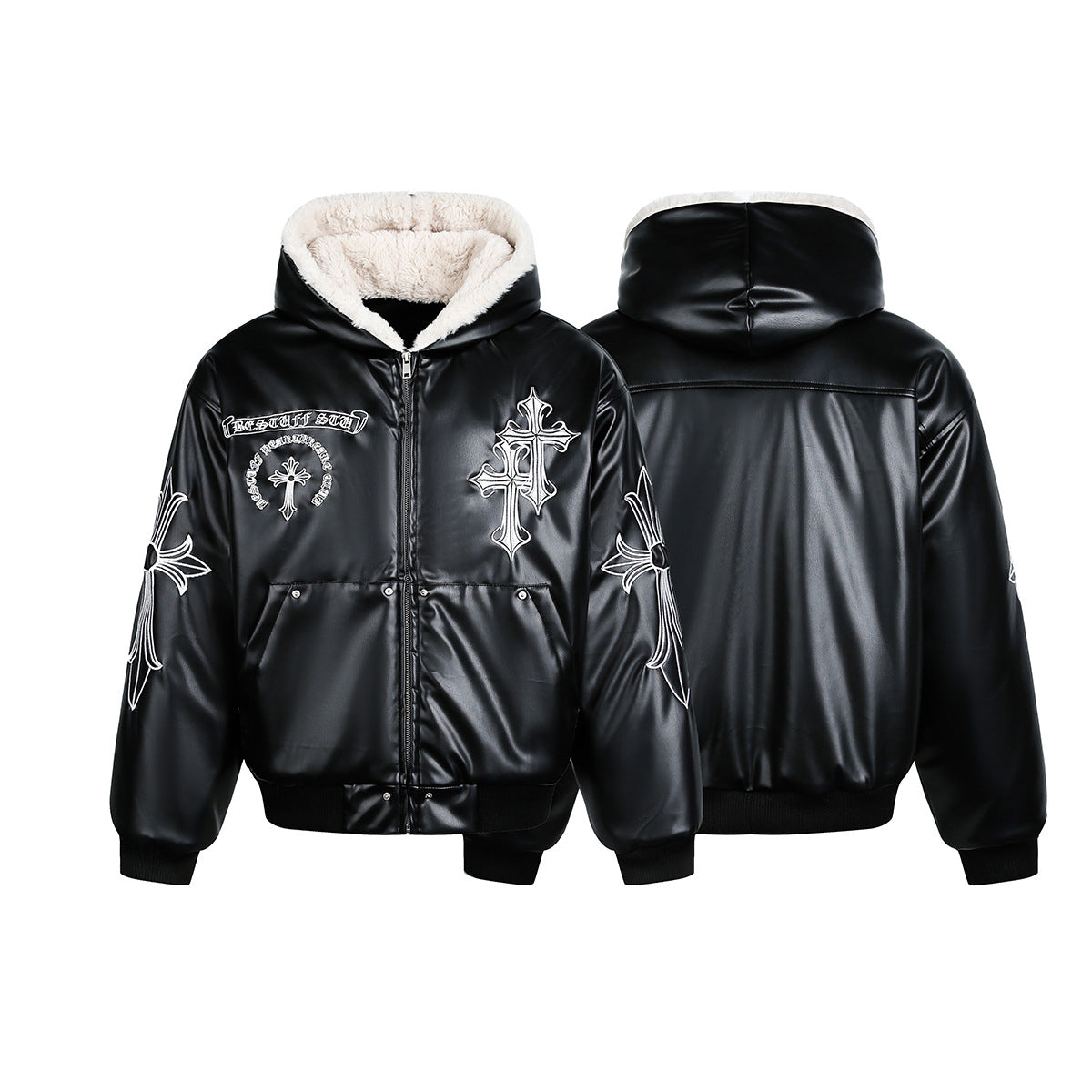 Cross Embroidery PU Leather Fleece Hooded Jacket WN21873