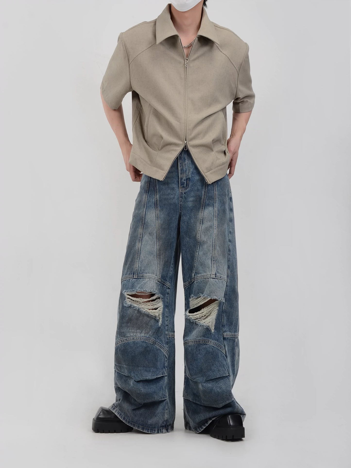 Double Zipper Shoulder Pads Short Sleeve Shirt WN6083