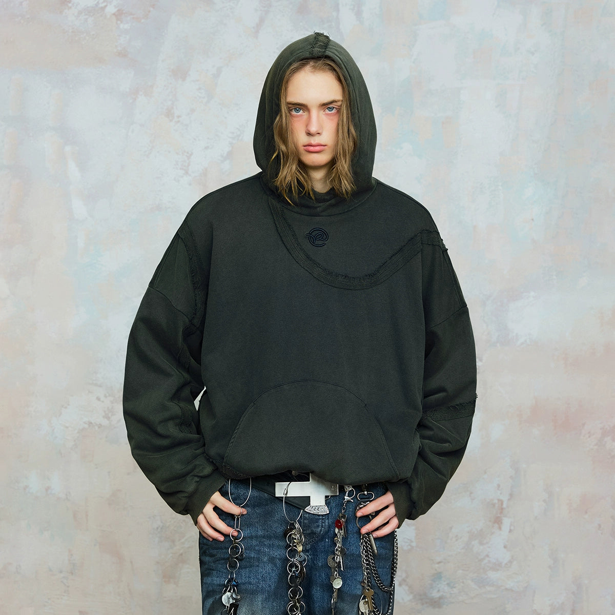 Heavy Wash Print Reversible Raw Hem Pullover Hoodie WN18005 