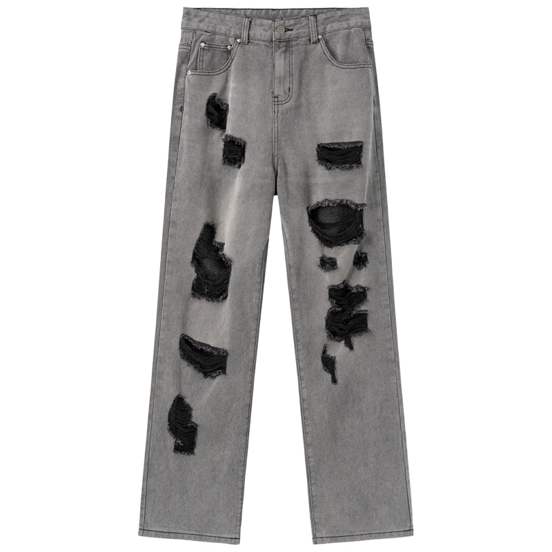 Washed Frayed Damage Straight Denim Jeans WN17519