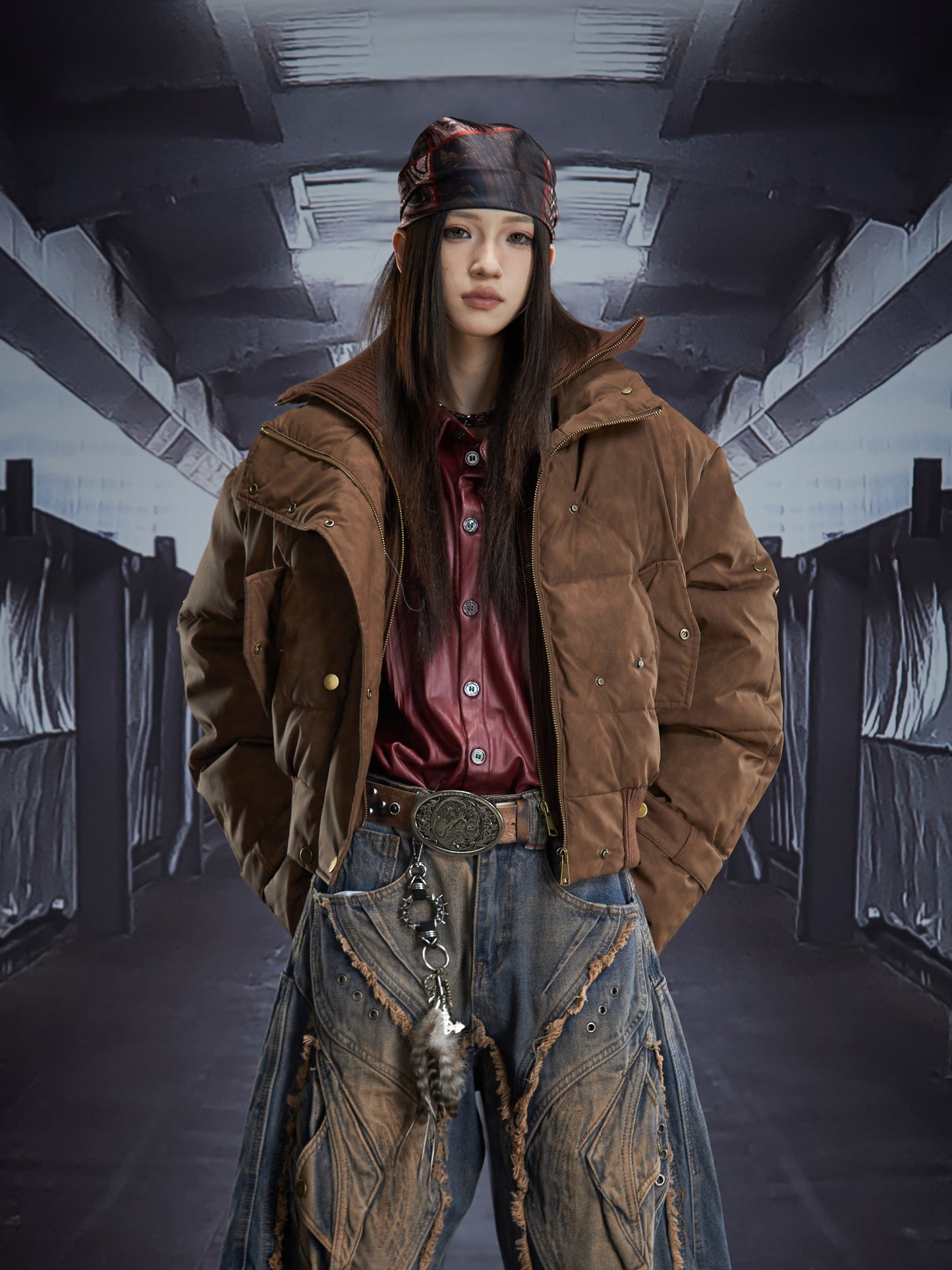 PU Leather Double Collar Zipper Button Puffer Jacket WN22878