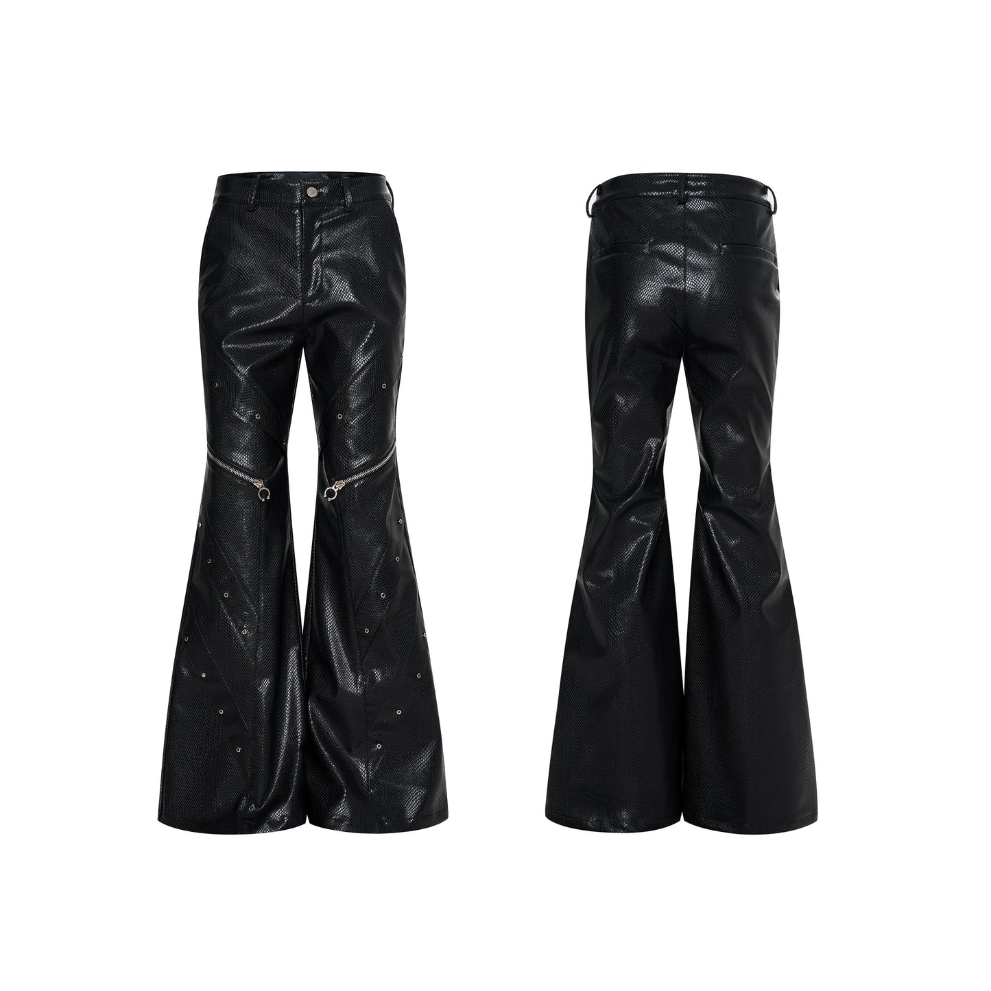 Snake Pattern Stand Neck PU Leather Jacket & PU Leather Studs Flare Pants Setup WN22710