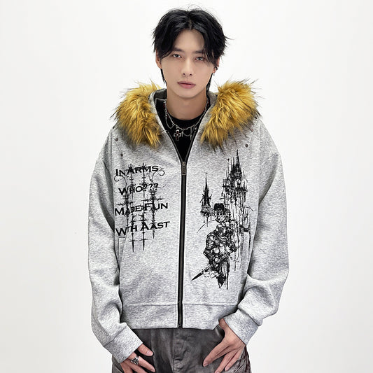 Fake Fur Collar Gothic Graphic Print Hoodie WN24283