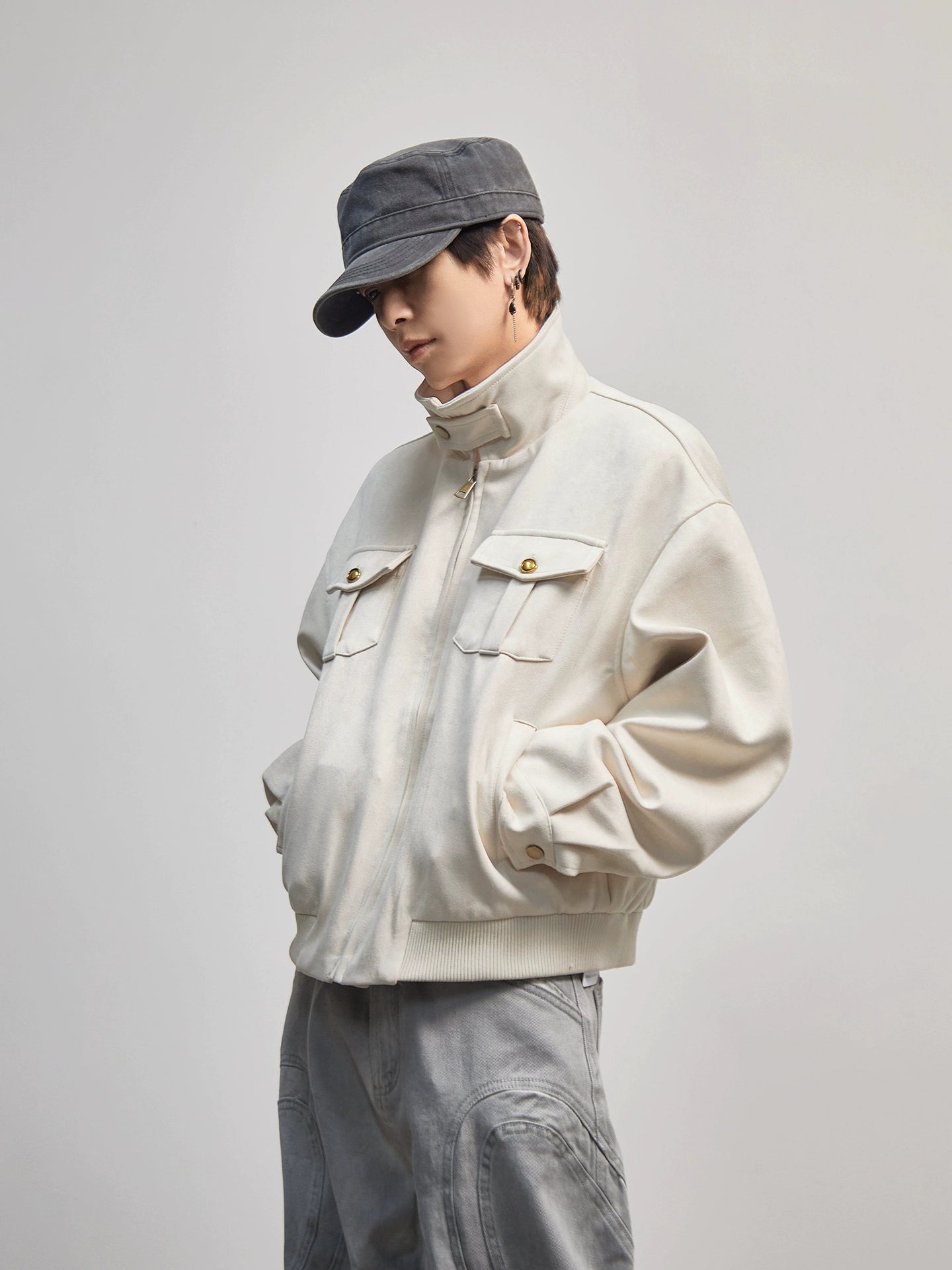 Stand Neck Suede Cargo Long Sleeve Jacket WN21192