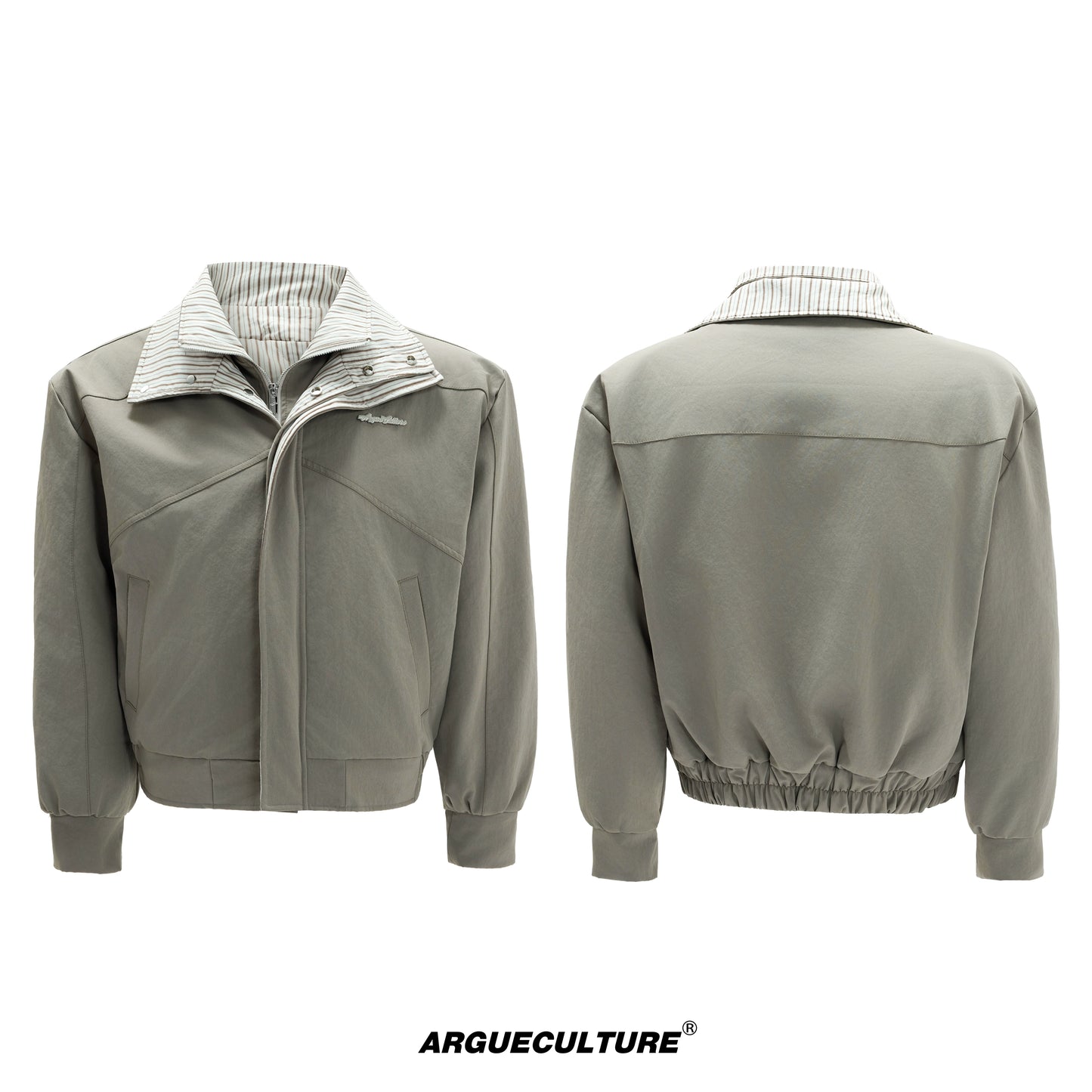 Washed Stripe Fake Layered Double Collar Puffer Jacket WN21725