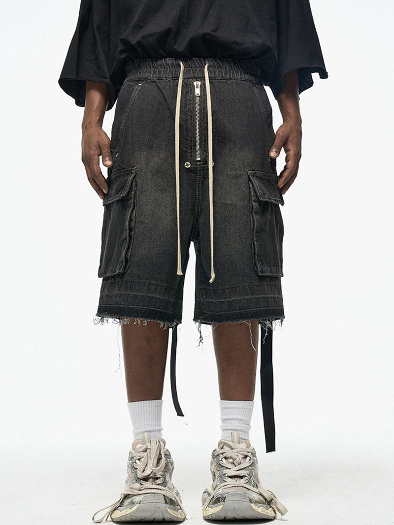 Zipper Drawstring Raw Edge Cargo Short Pants WN24337
