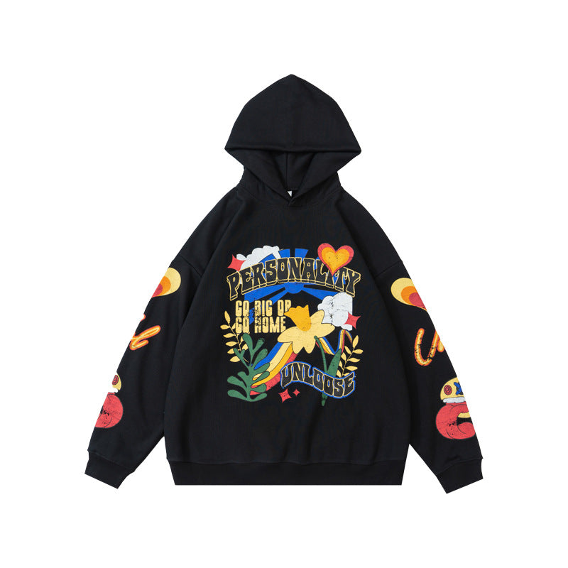 Floral Cracked Print Fleece-Lined Hoodie WN12647