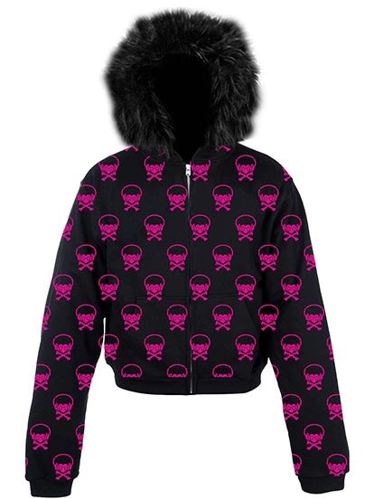 Headphone Skull Print Fake Fur Collar Zipper Hoodie WN20919