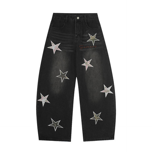 Washed Star Applique Wide Leg Denim Jeans WN25451