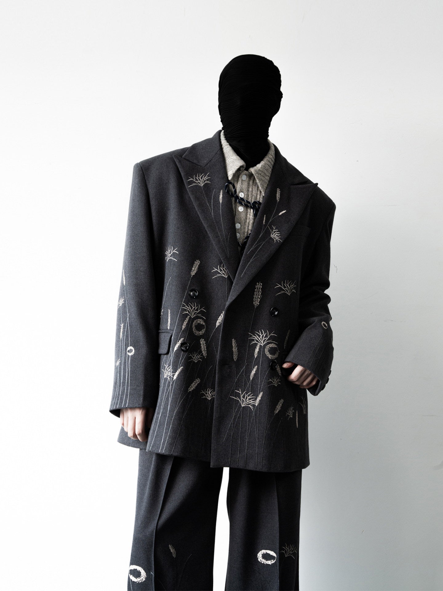 Floral Embroidery Double-Breasted Tailored Jacket & Wide-Leg Trousers Setup WN23641