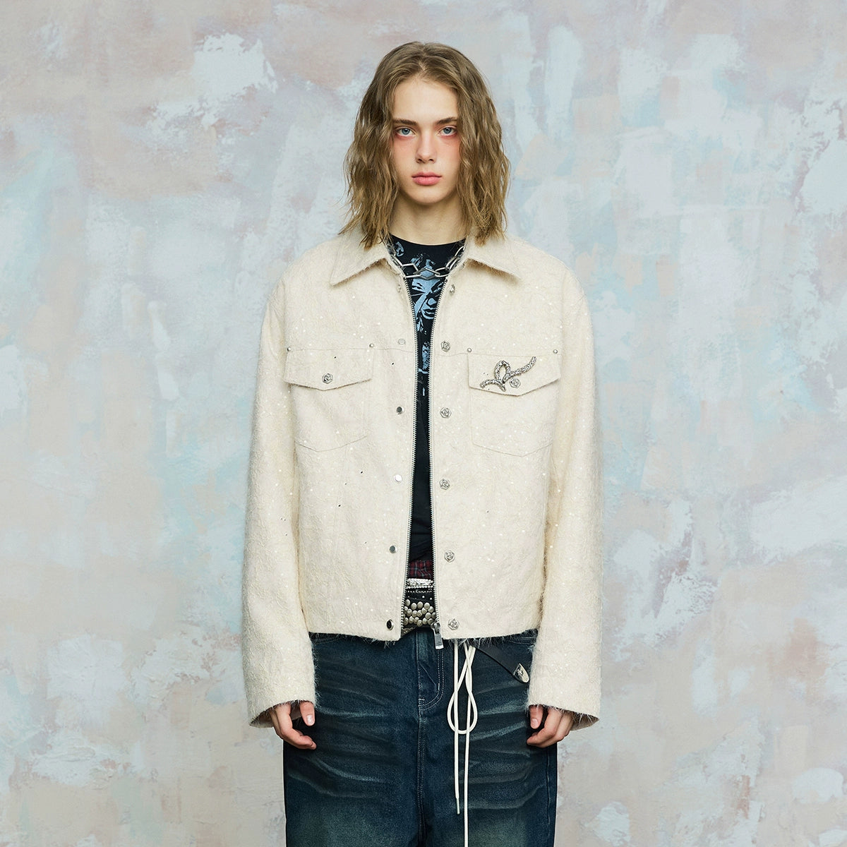 Short Fuzzy Metallic Yarn Tweed Jacket WN17900