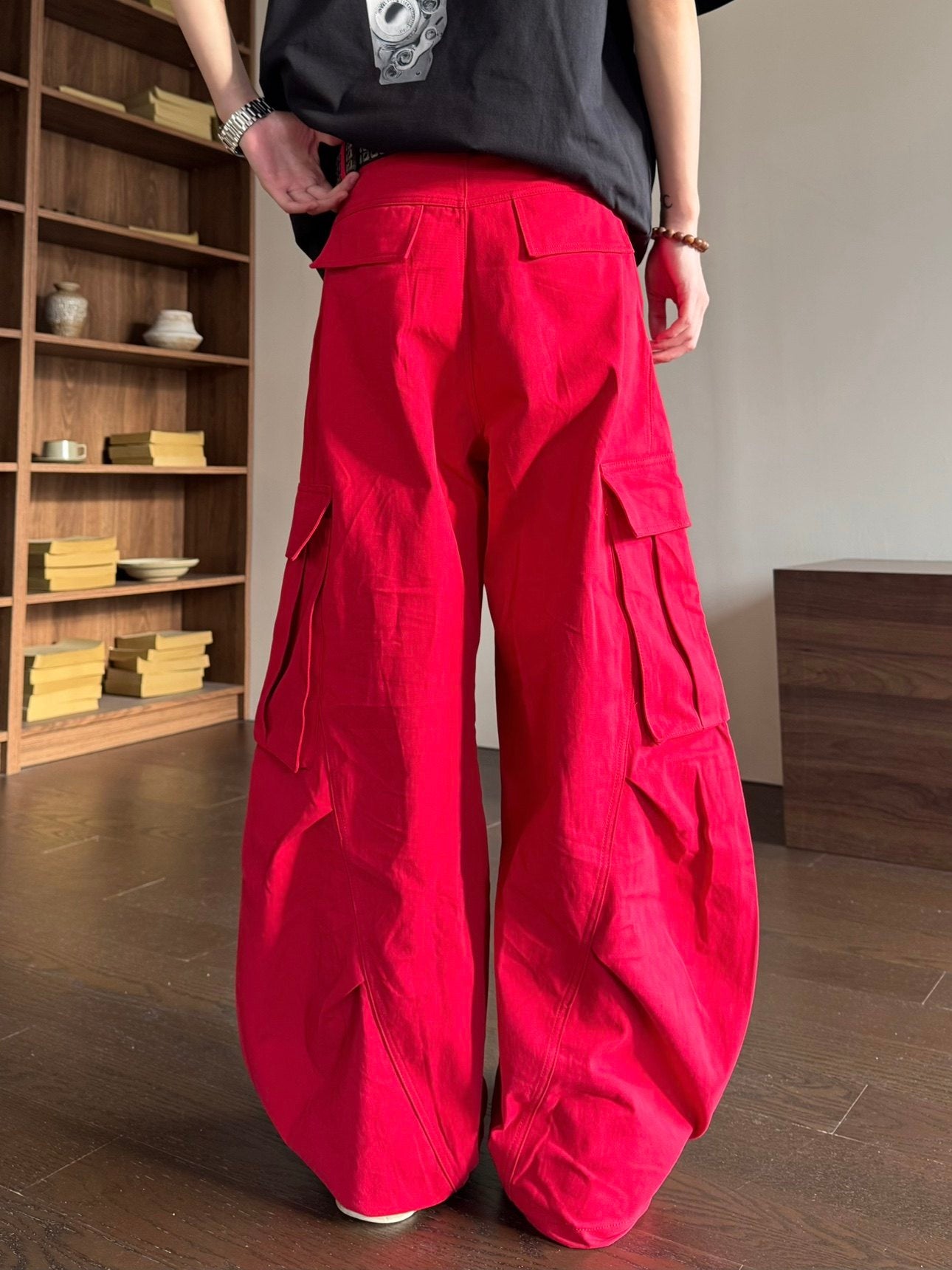 Red Denim Curved Wide Leg Cargo Pants WN23153