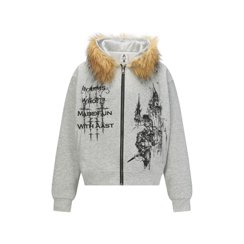 Fake Fur Collar Gothic Graphic Print Hoodie WN24283