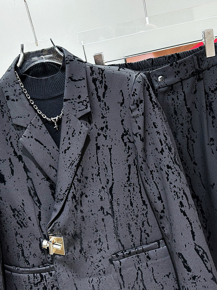 Splatter Print Metal Buckle Shoulder-pad Tailored Jacket & Straight Trousers Setup WN23965