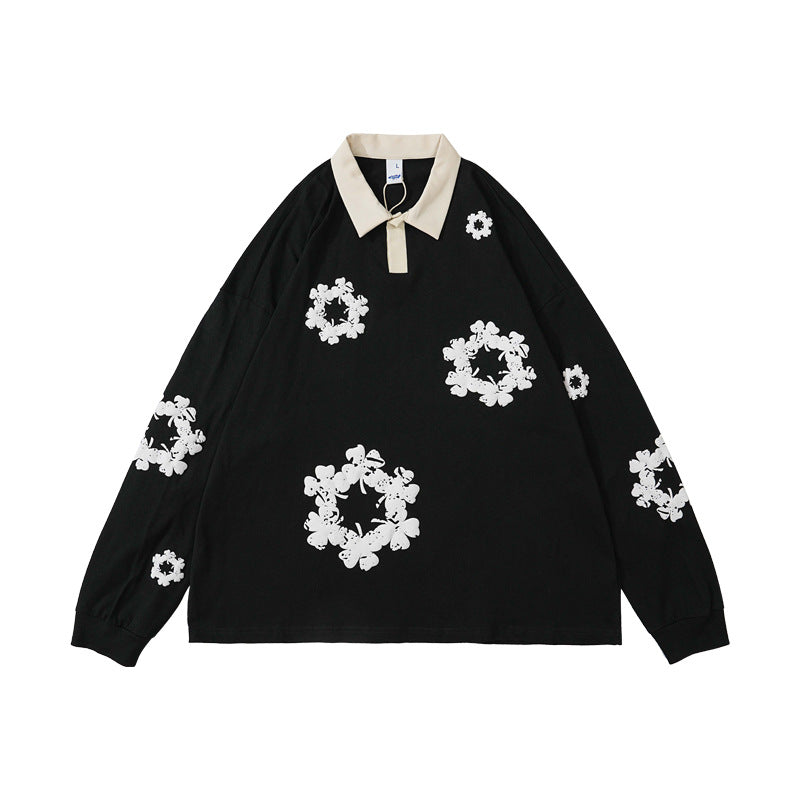 Foam Print Snowflake Long Sleeve Polo Shirt WN12483