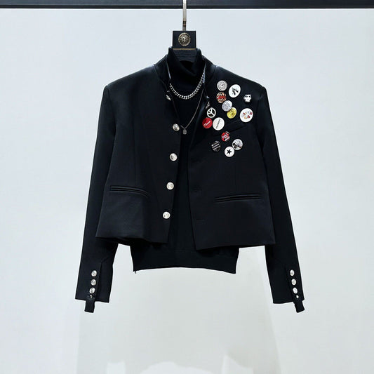 Badge Standing-Collar Short Jacket & Straight Trousers Setup WN23860