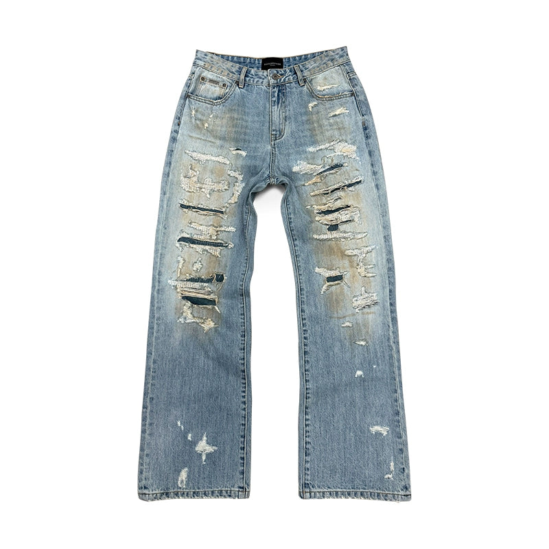 Mud Dye Slash Damage Wide Leg Denim Jeans WN17633