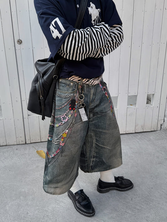 3D Print Wide Leg Half Denim Jeans WN24376