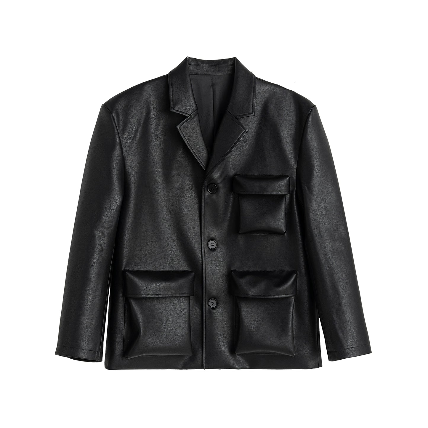 Black Notched-Collar PU Leather Tailored Jacket WN13313