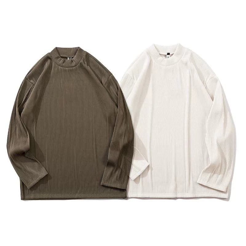 Pleats Stripe High-Neck Long Sleeve T-Shirt WN19984