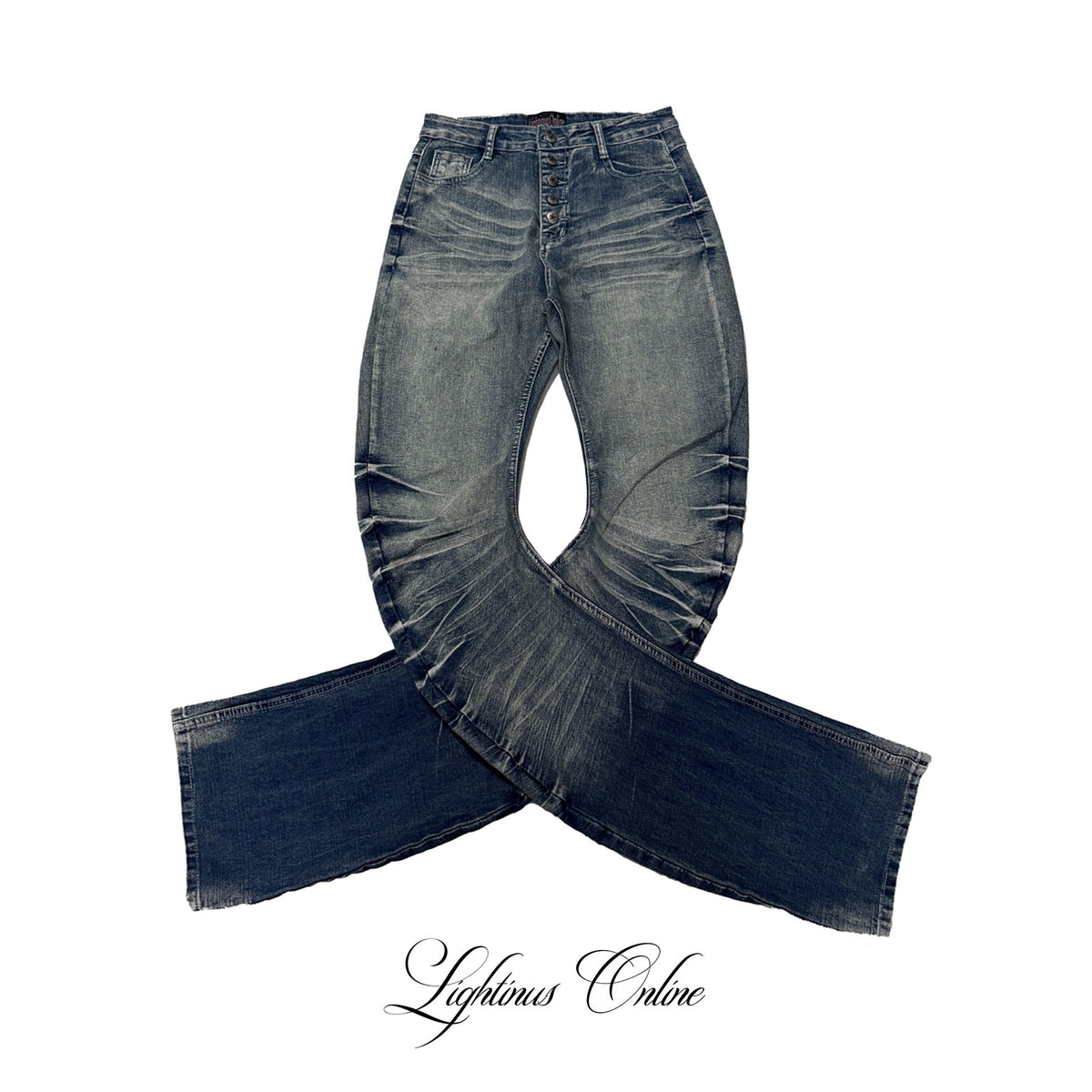 Whisker Washed Curved Seam Denim Jeans WN27311