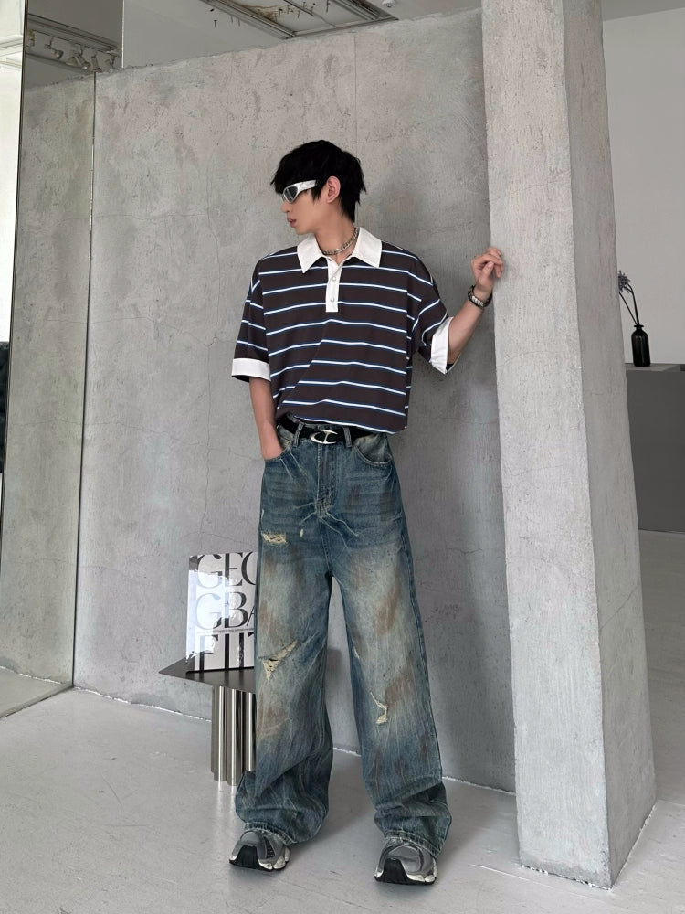 Dyed Damage Draped Flare Wide Leg Denim Jeans WN16802