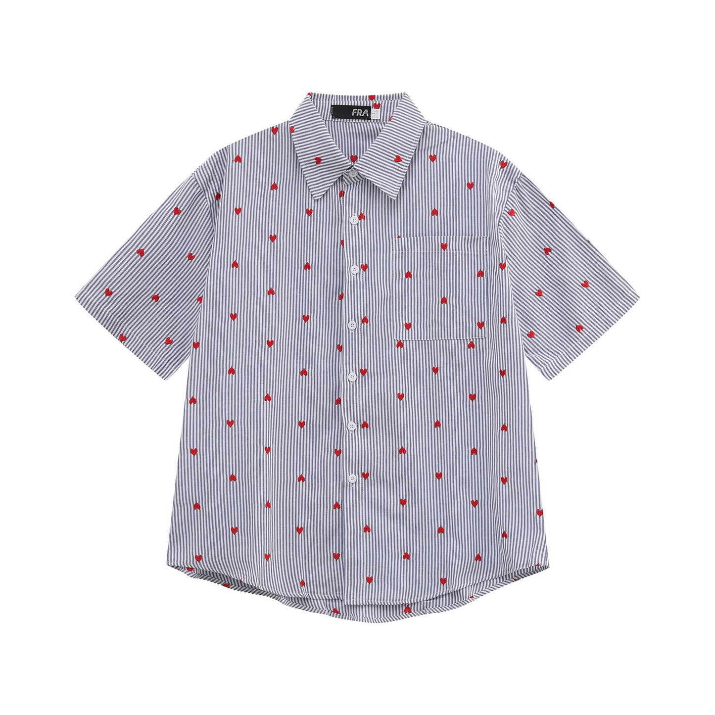 Heart Embroidery Stripe Oversize Short Sleeve Shirt WN24861