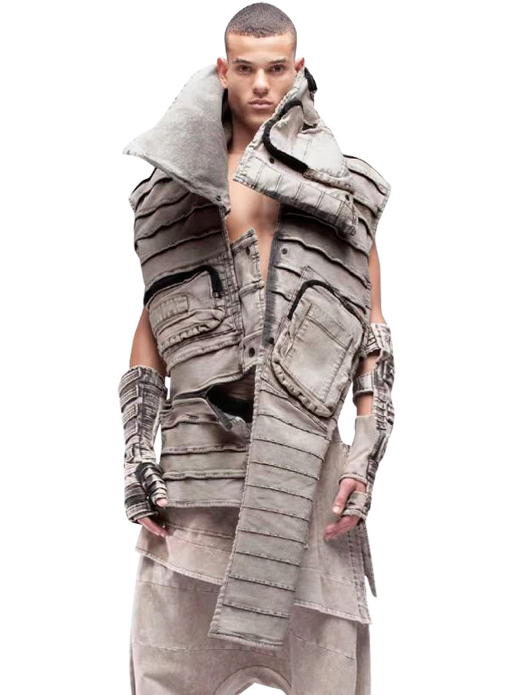 Washed Asymmetric 3D-Pocket Layered High-Neck Vest WN13862