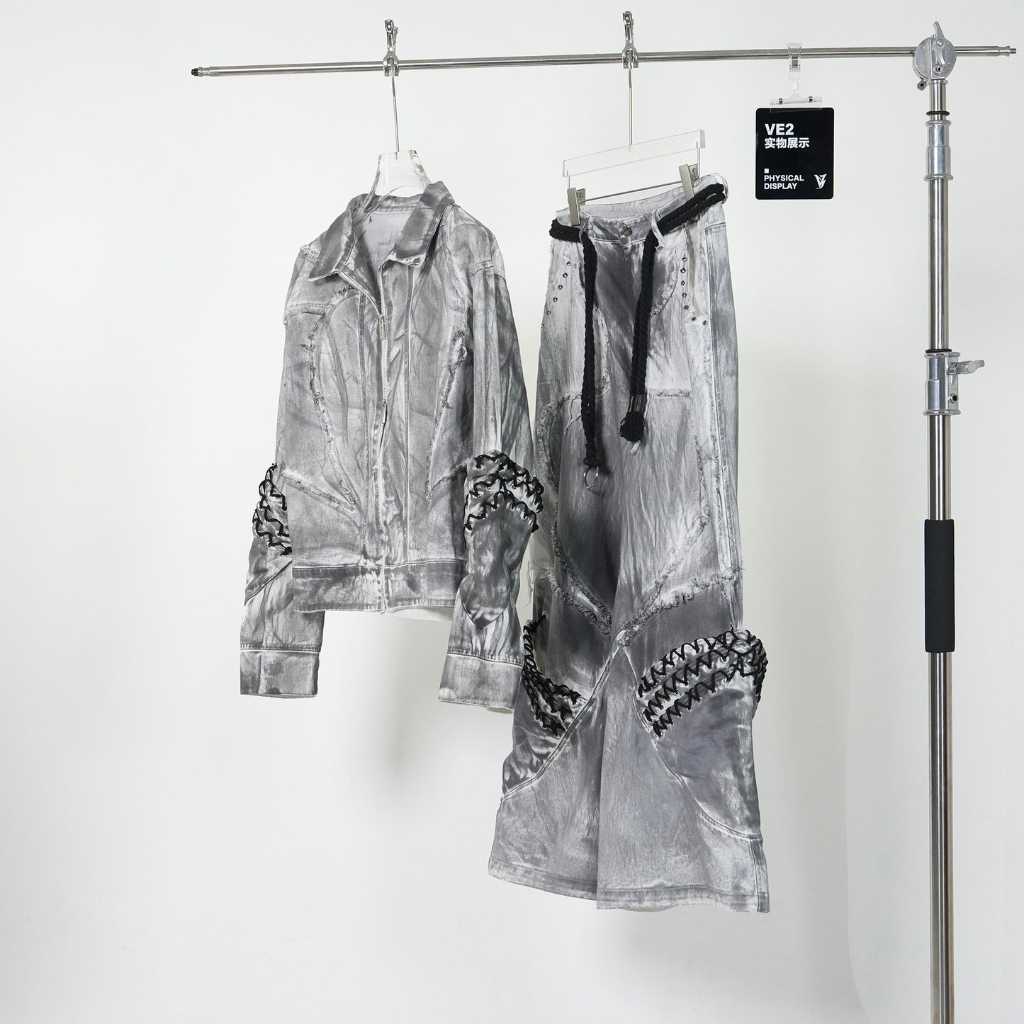 Dirty Washed Damage Shoulder-Pad Jacket & Wide Leg Denim Jeans Setup WN24149